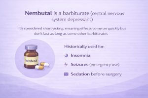 Infographic explaining that Nembutal is a short-acting barbiturate used historically for insomnia, seizures, and sedation.