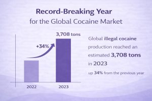 Infographic showing global cocaine production reaching 3,708 tons in 2023, a 34% increase from 2022.